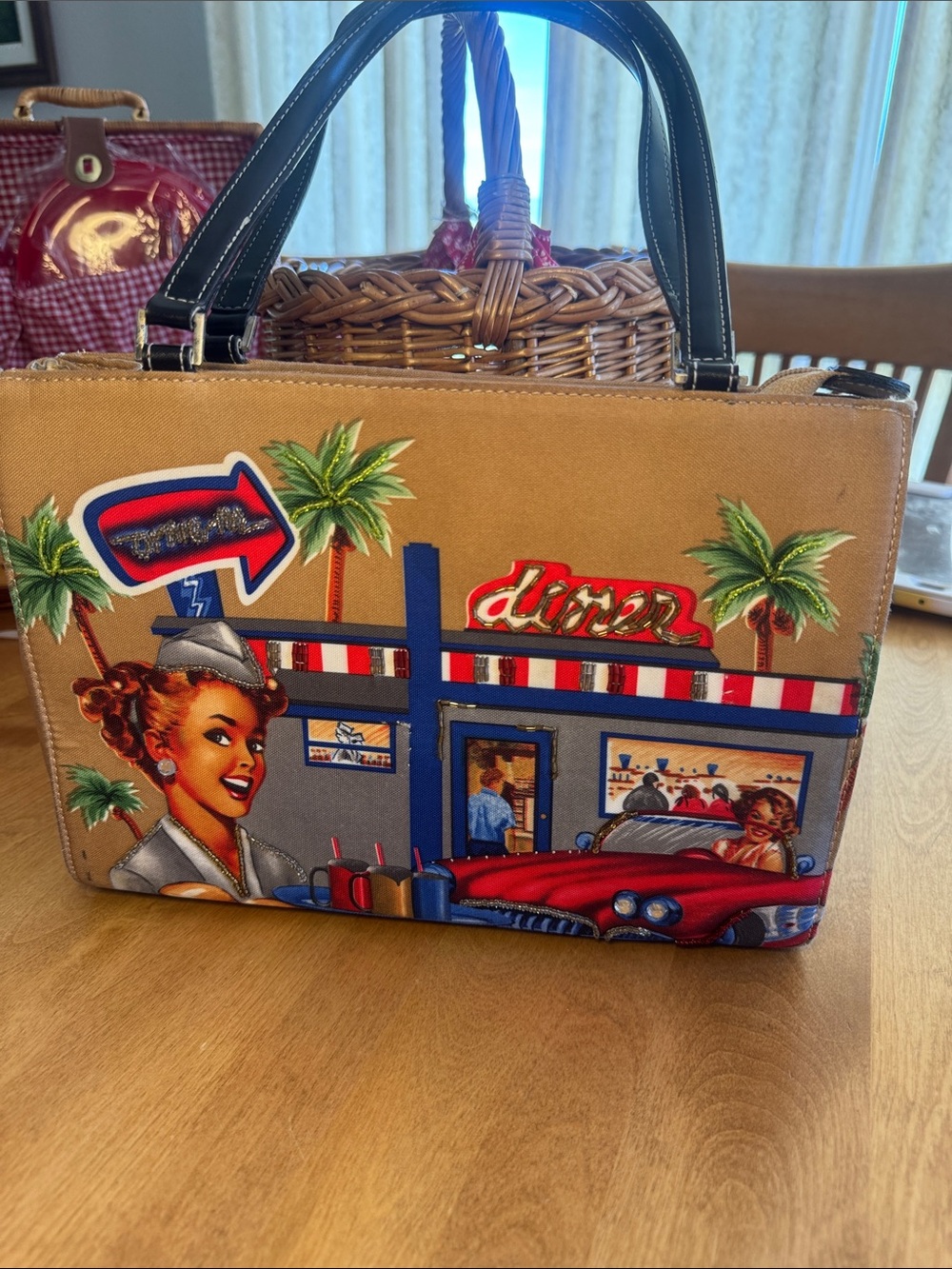 50’s inspired Retro Diner Print satchel with Black Handles